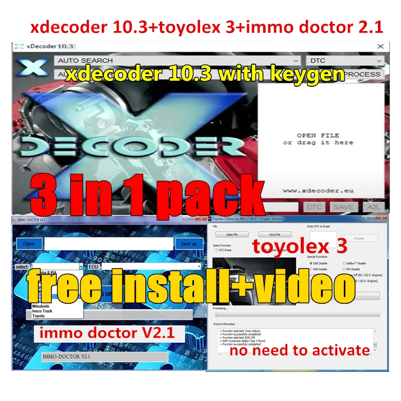 

3in1 Pack New xDecoder 10.3+Immo Doctor V2.1 with Free Keygen+Toyolex 3 Immo Off DPF EGR DTC Remover Unlimited for many laptops