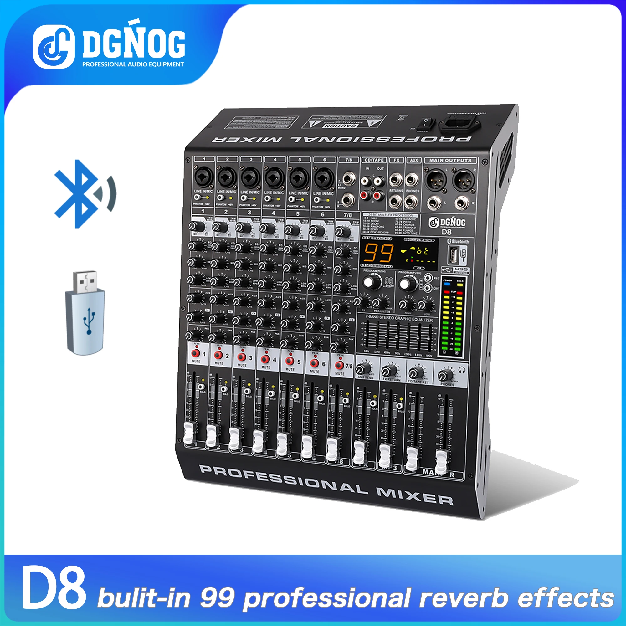 

DGNOG Audio Mixer D8 8-channel 99 DSP 48V Professional Effector with Bluebooth USB for Home Karaoke and Studio Recording