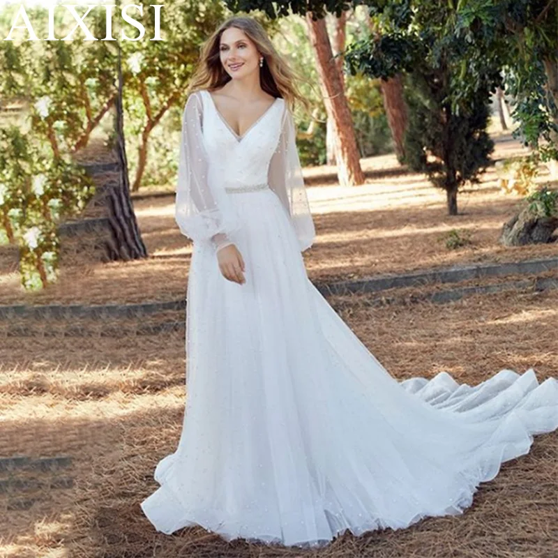Aixisi Gorgeous Wedding Dresses Ivory Appliques Lace Robe de mariee A-Line V-Neck Long Puff Sleeve Backless Zipper Court Train
Aixisi Gorgeous Wedding Dresses Ivory Appliques Lace Robe de mariee A-Line V-Neck Long Puff Sleeve Backless Zipper Court Train