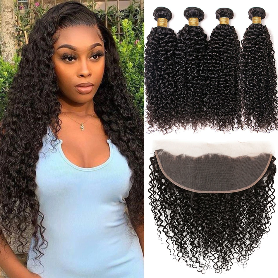 

Kinky Curly Bundles With Frontal 3/4 Bundles With 13X4 Lace Frontal 12A Human Hair Jerry Curl Bundles With 4X4 Closure Tissage