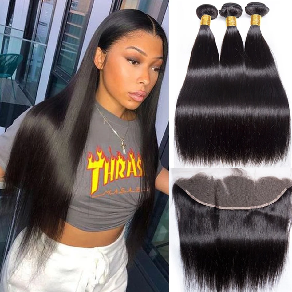 

12A Bone Straight Human Hair Bundles With Closure Lace Frontal With Bundles Malaysian Hair Weave 3/4 Bundles With Closure Virgin