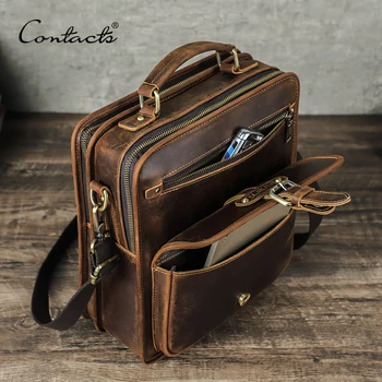 CONTACTS Crazy Horse Leather Men Shoulder Bag for 12.9 iPad Vintage Tote Handbag Luxury Travel Male Crossbody Messenger Bag