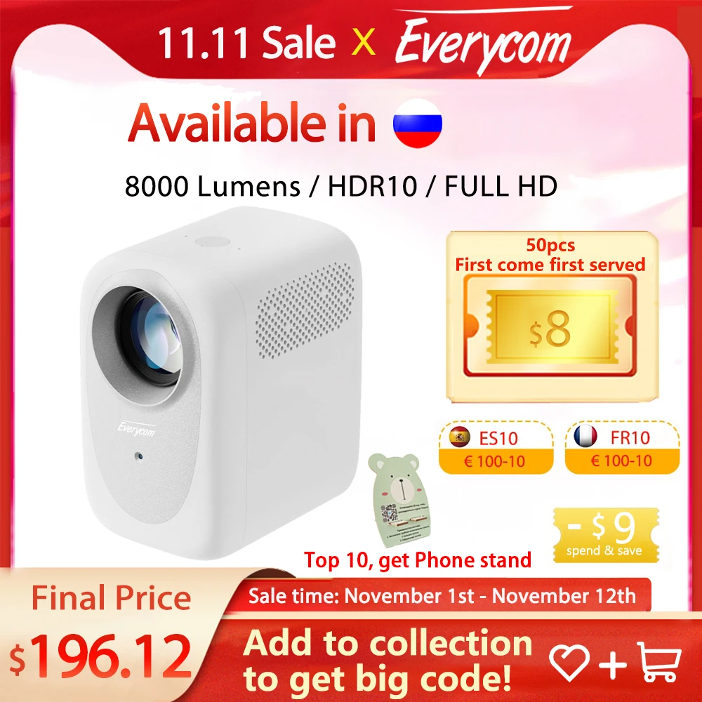 

Новинка, проектор Everycom R11 Android FHD 1080p, домашний кинотеатр, кинотеатр, 8000 Люмен, светодиодная видеокамера, 4K проектор, 5G WiFi Bluetooth HDR10