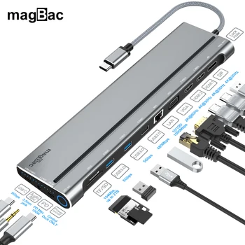 MagBac USB C Docking Station Dual HDMI VGA Ethernet PD 100W for Thunderbolt 4/3 Lenovo Dell ASUS HP Laptop Type C Dock Station