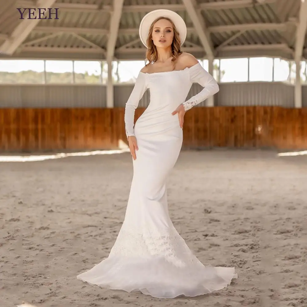 

YEEH Modest Mermaid Wedding Dress 2023 Simple Appliques Boat-Neck Trumpet Bridal Gown Illusion Back Sweep Train Vestido De Novia