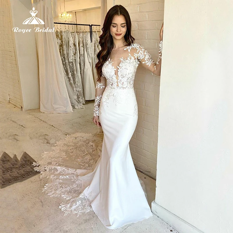 Elegant Sexy Illusion V-neck Back Button Lace Appliques Mermaid Wedding Dresses Chiffon Bridal Gowns Sweep Long Sleeve Vestidos
Elegant Sexy Illusion V-neck Back Button Lace Appliques Mermaid Wedding Dresses Chiffon Bridal Gowns Sweep Long Sleeve Vestidos