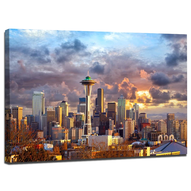 

Seattle Skyline At Sunset With Space Needle Modern Buildings Panoramic Canvas Wall Art By Ho Me Lili For Home Decor