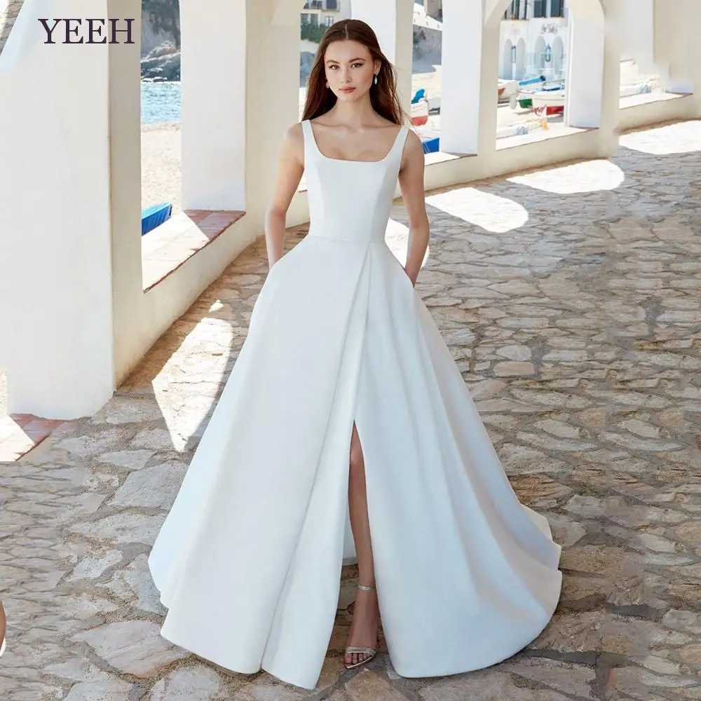 

YEEH Simple Stain Wedding Dresses For Women Princess Backless Tank A-Line Bridal Gown With Pocket Sweep Train Vestido De Novia