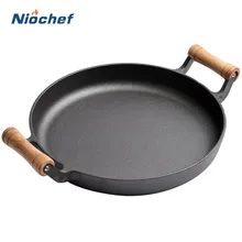 Cast Iron Double Wooden Handle Flat Single Bottom Shallow Frying Pan Pancake Anti-scalding Hand Barbecue Fish Plate Cooking Tool