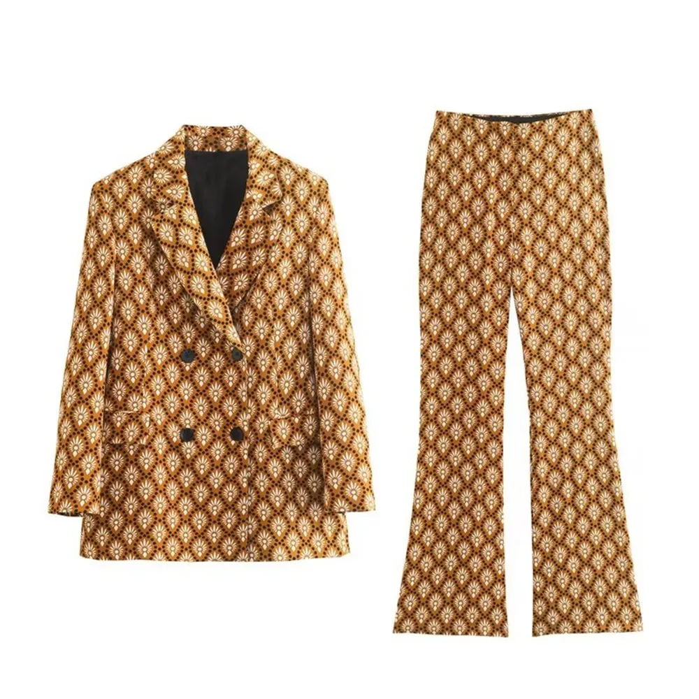 

Женский костюм с принтом PB & ZA, свободный двубортный пиджак + модные облегающие длинные брюки клеш с высокой талией, осень 8729/734