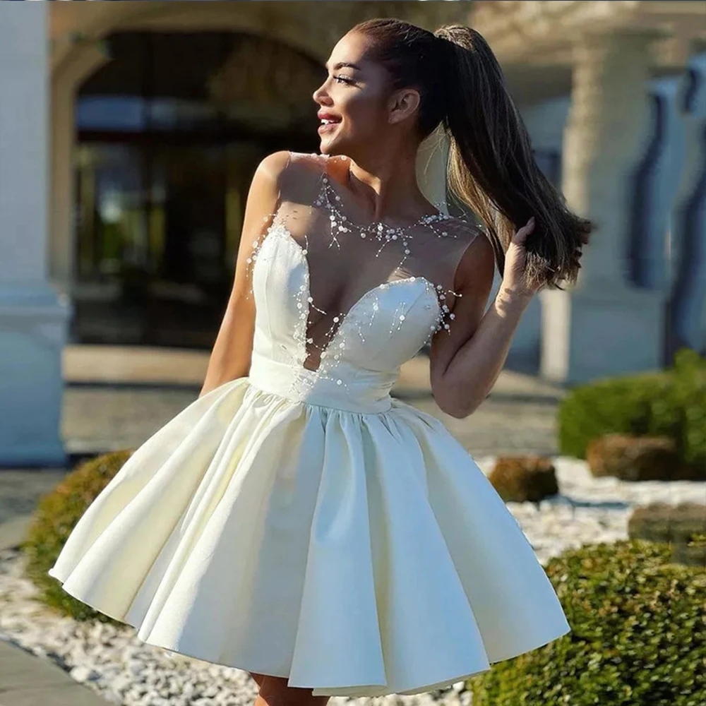 Elegant Wedding Dress For Women O-Neck Sleeveless Zipper Backless Bride Gown 2022 Satin A-Line Above Knee Vestido De Noiva
Elegant Wedding Dress For Women O-Neck Sleeveless Zipper Backless Bride Gown 2022 Satin A-Line Above Knee Vestido De Noiva