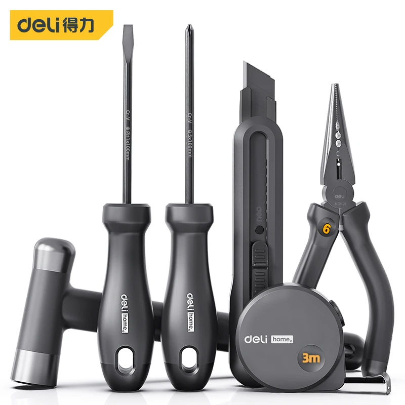

DELI 6 Pieces Household Tools Set 6 Inch Needle Nose Plier 18MM Art Knife 3M Tape Measure Hammer Screwdriver Tools Kit Set