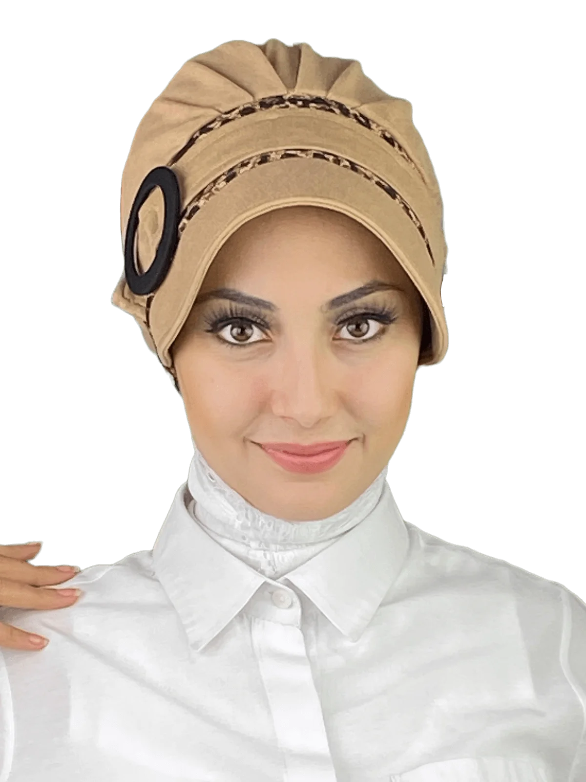 

Beige Jaguar Detailed Buckle Hat New Fashion Islamic Muslim Women Scarf Trend Headscarf Ready-to-Wear Bere Chiffon
