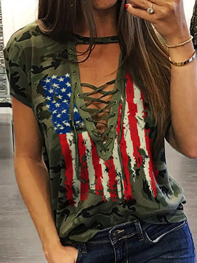 

Camouflage Lace-up Casual Tops Women's Short Sleeves Sexy Hollow Out T-Shirt American Flag USA Patriotic Printed Shirt Casual