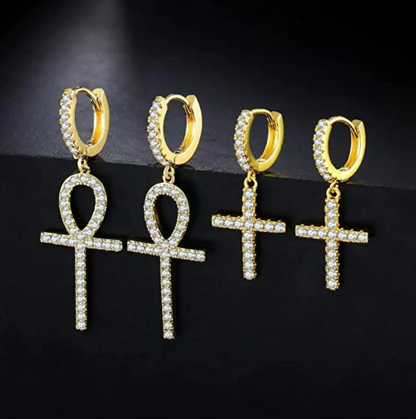 

14K Gold Silver Plated Cross Hoop Dangling Iced Out Small 5A+ Cubic Zirconia Pave CZ Huggie Drop Post Earrings for Men Women