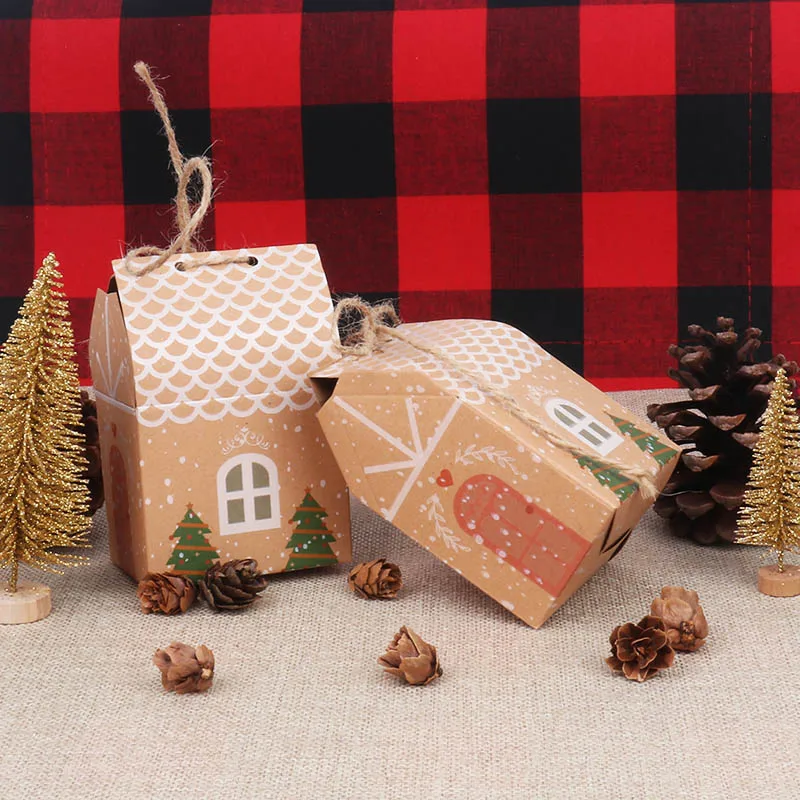 5/10/20 шт. Рождественская коробка конфет Xmas Tree Pattern Kraft House Упаковка для шоколадного