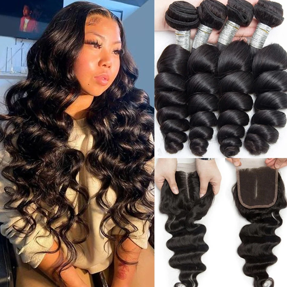 

Loose Wave 3Bundles With 4*4 Lace Closure Peruvian Hair Bundle With Closure Grade 12A Virgin 100% Human Hair Bundles Add Closure