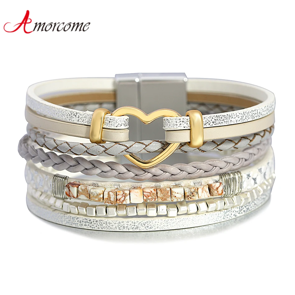

Amorcome Bohemia Beaded Leather Braid Bracelets For Women Girls Trendy Heart Layered Charm Bracelet Weave Bangles Jewelry Gift