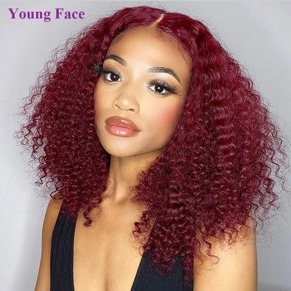 

99j Burgundy Short Kinky Curly 4x4 Lace Closure Wig For Women Brazilian Remy Curly Bob Lace Front Human Hair Wigs 180% Density