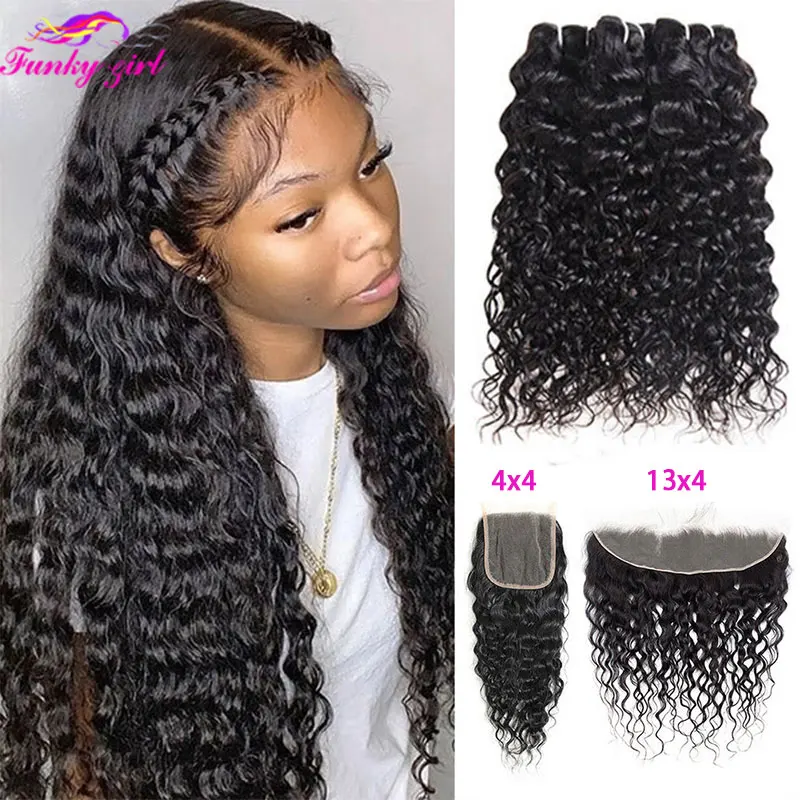 

10A Water Wave Hair Bundles With Frontal Wet and Wavy Curly Human Hair Bundles With Closure Brazilian Bundles Virgin Hair Weave