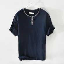 2022 new Men Mens cotton linen wrinkled linen short sleeved T-shirt Buttons Chinese style retro oriental flavor Navy blue white
