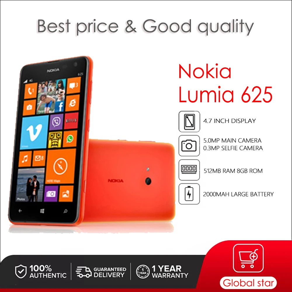 

Nokia Lumia 625 Original Unlocked Windows Mobile Phone 4.7 inches 2000mAh 5MP 512MB RAM 8GB ROM 3G High Quality Cellphone