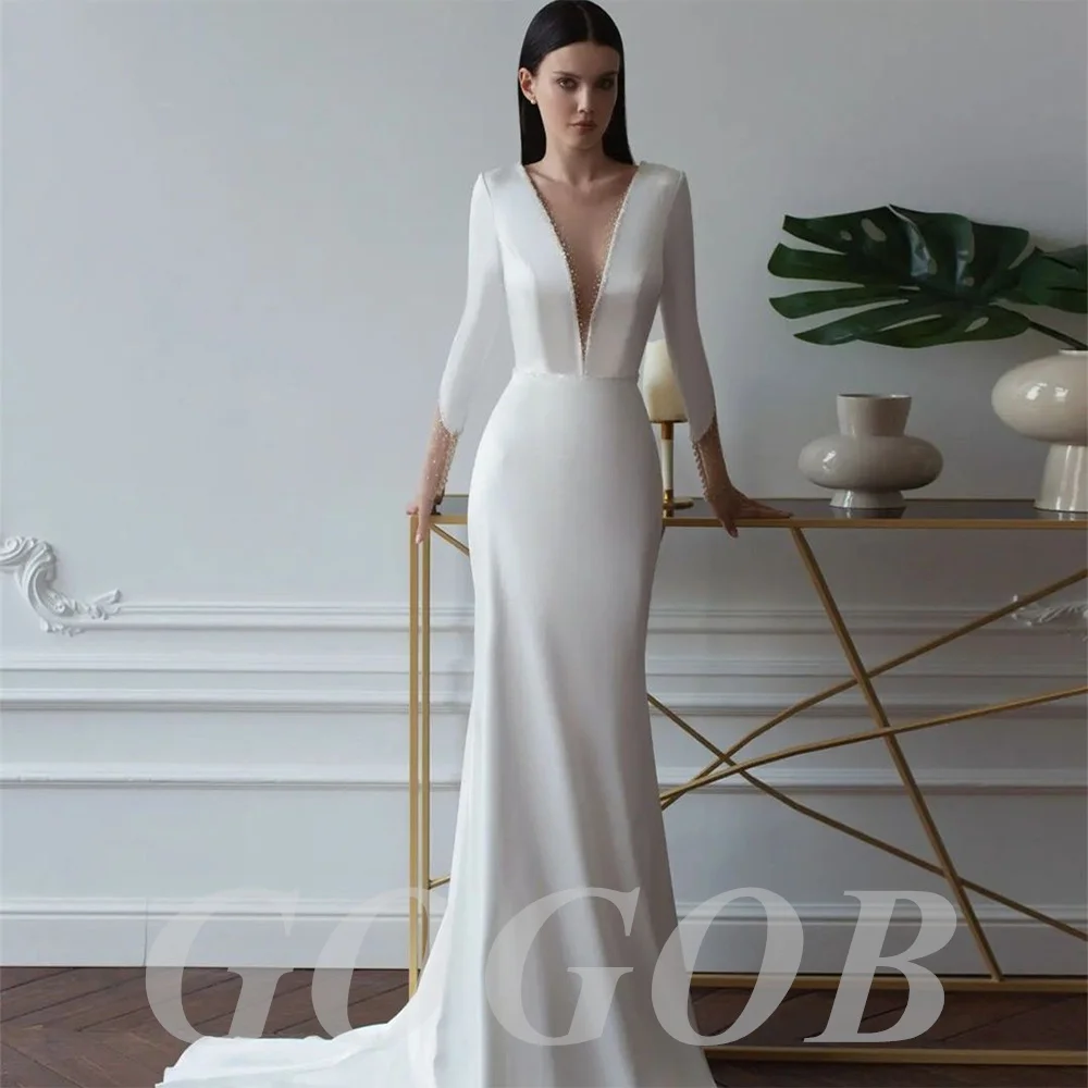 GOGOB Deep V-Neck Satin Wedding Dress R006 Simple Backless Mermaid Bridal Gowns Sweep Train For Women Brides Gowns White
GOGOB Deep V-Neck Satin Wedding Dress R006 Simple Backless Mermaid Bridal Gowns Sweep Train For Women Brides Gowns White