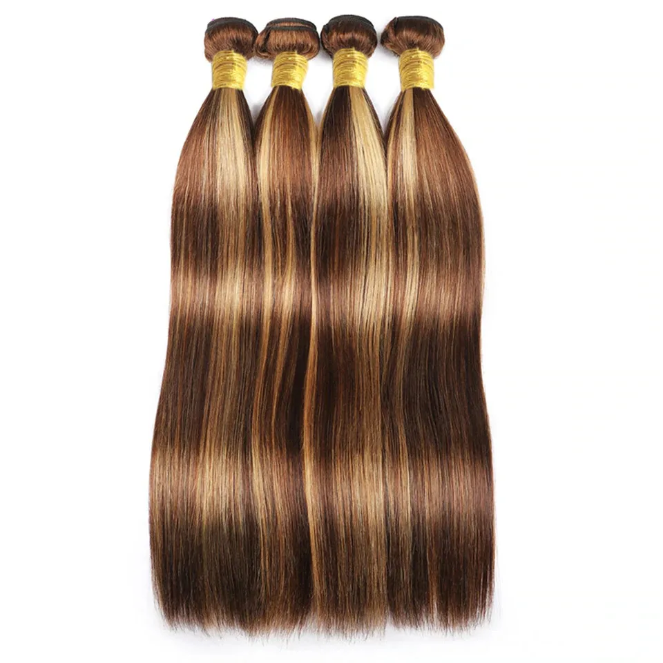 

Brazilian Ombre Highlight Bundles Straight Human Hair Extensions Bundle P4/27 Brown with Highlight Color Remy Hair Weave Bundles