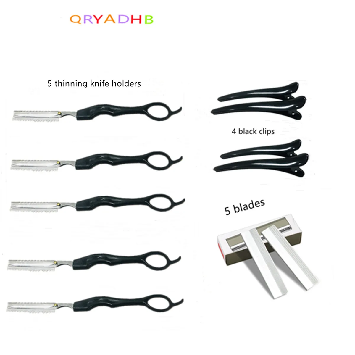 Hairdresser's Special Trimming And Thinning Hair Tool Set (5 Thinning Knife Holders, 5 Stainless Steel Blades, 4 Black Clips)
Hairdresser's Special Trimming And Thinning Hair Tool Set (5 Thinning Knife Holders, 5 Stainless Steel Blades, 4 Black Clips)