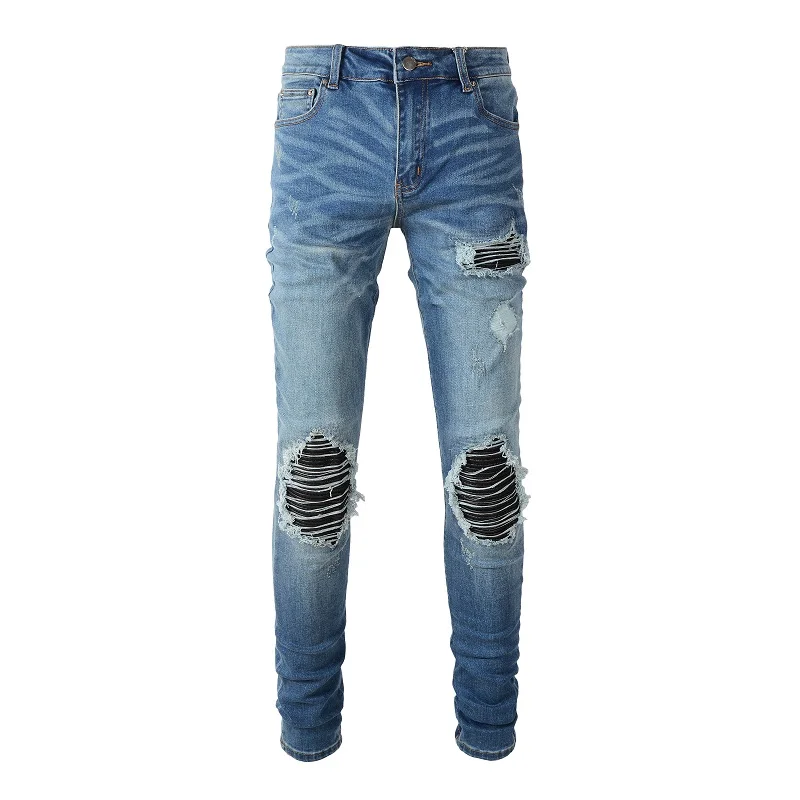 

New Arrivals Men's Light Blue Slim Fit Ripped Streetwear Distressed Skinny Stretch Destroyed Tie Dye Bandana Ribs Patches Jeans