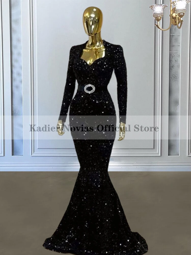 Kadier Novias Long Sleeves Black Sequin Mermaid Women's Evening Dresses with Belt Prom Party Gowns 
Kadier Novias Long Sleeves Black Sequin Mermaid Women's Evening Dresses with Belt Prom Party Gowns