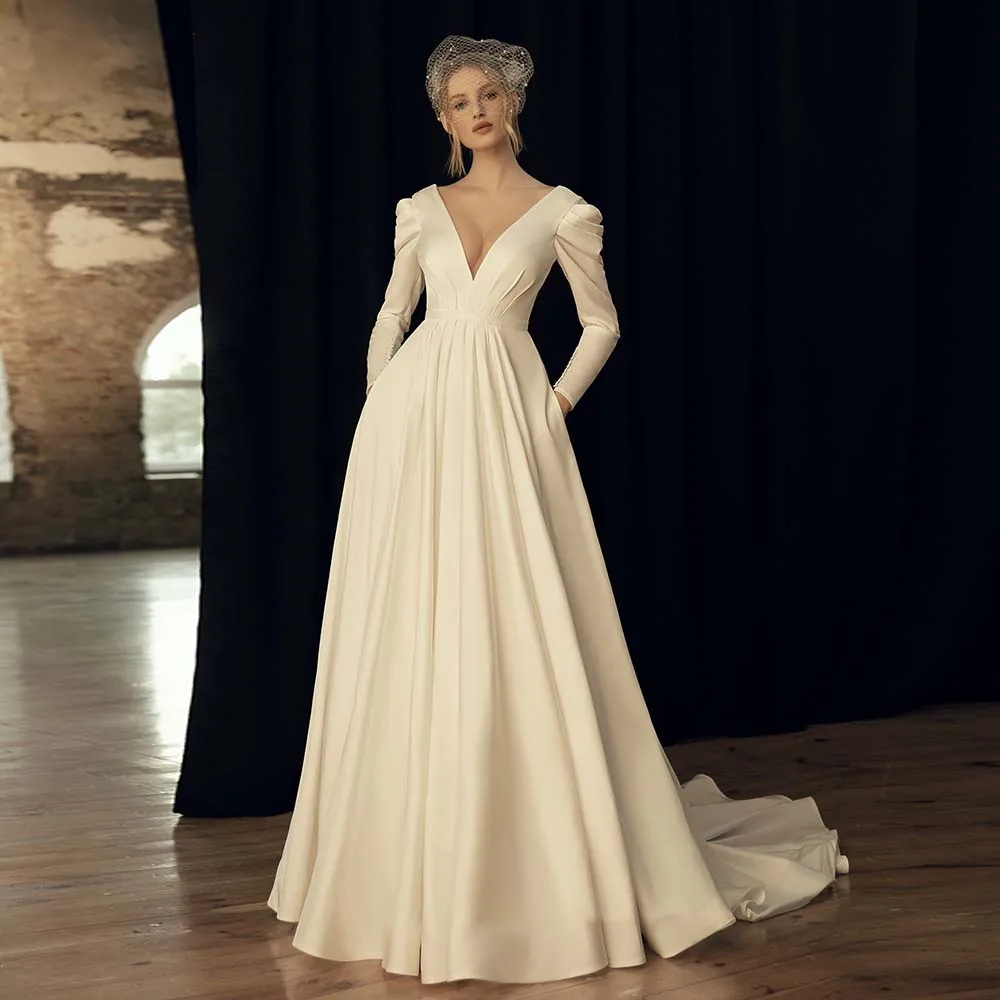 Modern Bride Dresses 2022 New V-Neck Open Back Zipper Wedding Dress For Women Simple Satin Pleat Long Sleeve A-Line Bridal Gown
Modern Bride Dresses 2022 New V-Neck Open Back Zipper Wedding Dress For Women Simple Satin Pleat Long Sleeve A-Line Bridal Gown