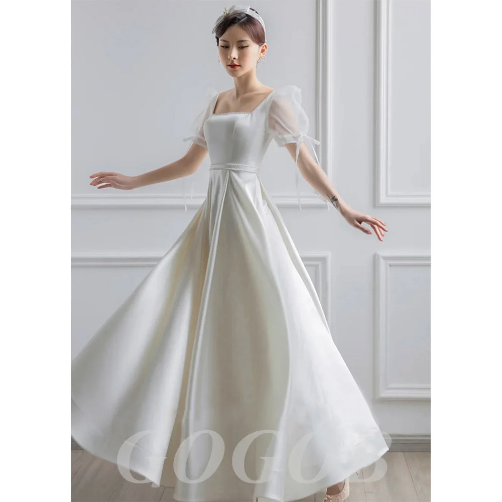

Женское атласное платье с рюшами GOGOB, платье до щиколотки с квадратным вырезом и рукавами-фонариками, свадебное платье с открытой спиной, мо...