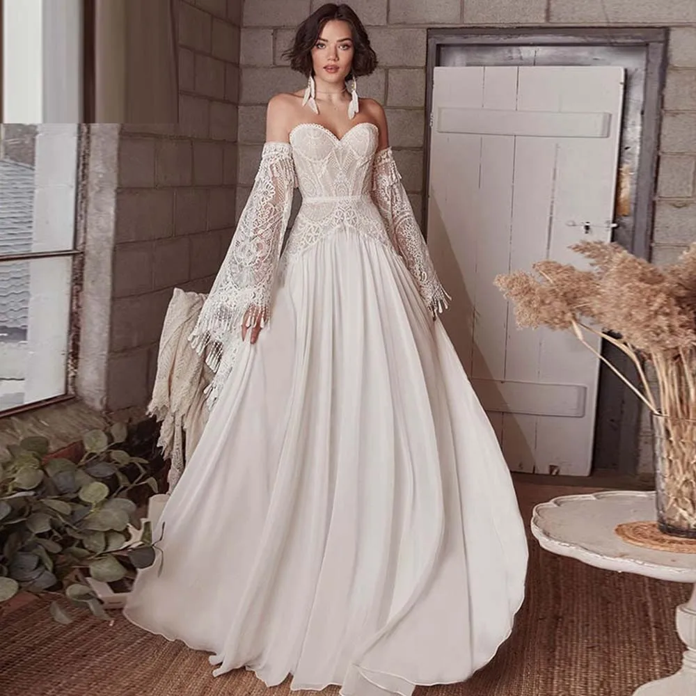 Bohomian Wedding Dresses Lace Flare Sleeves Sweetheart Bride Dress Boho A-Line Strapless Chiffon Backless Bridal Gowns 2022 New
Bohomian Wedding Dresses Lace Flare Sleeves Sweetheart Bride Dress Boho A-Line Strapless Chiffon Backless Bridal Gowns 2022 New