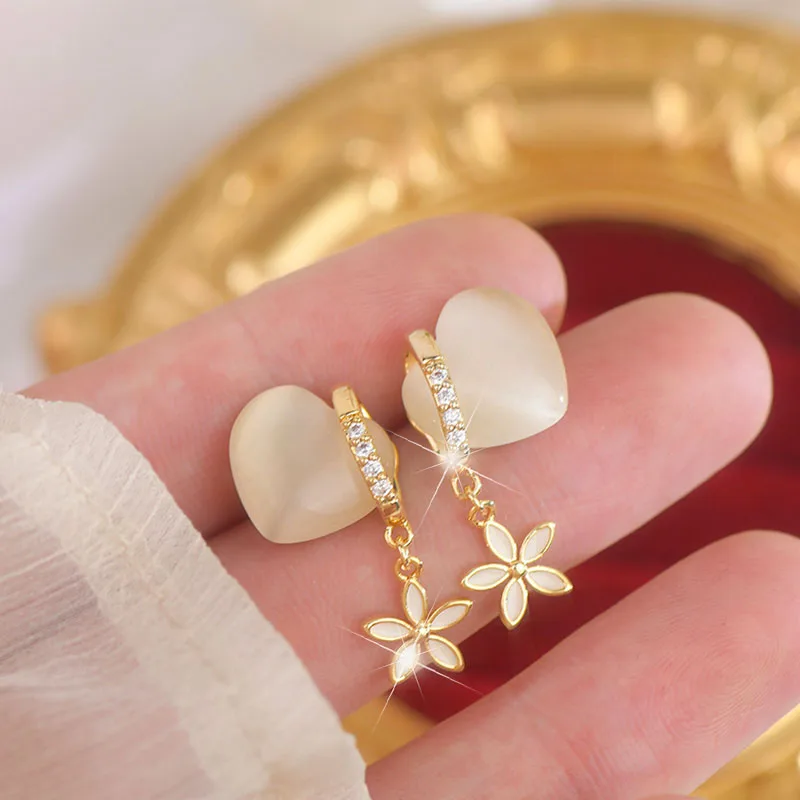 

French Luxury Opal Heart Flowers Tassel Flower Women's Earring Trendy Delicate Daily Sweet 14k Gold Plated Ear Stud Wedding Gift