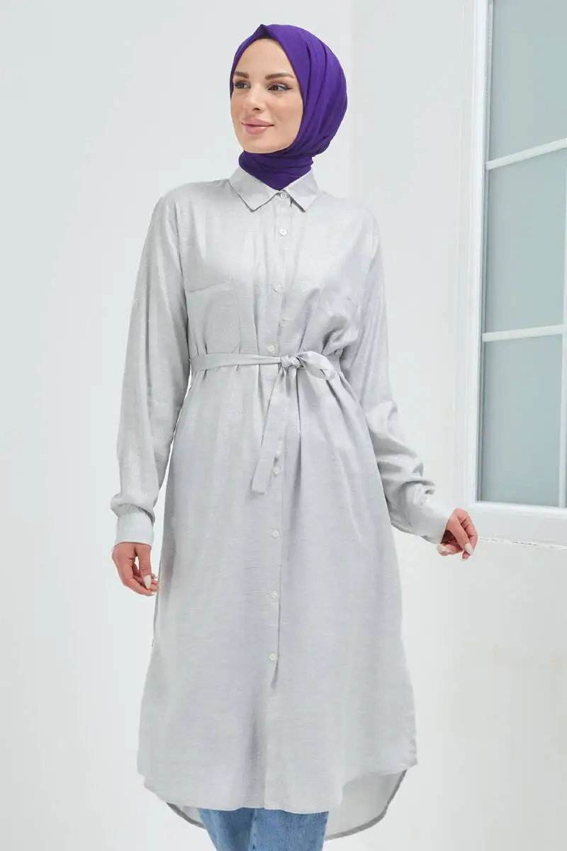 

Silvery Belted Tunic Hijab Turkey Muslim Fashion Dress Islam Clothing Dubai Istanbulstules Women Top Shirt 2022