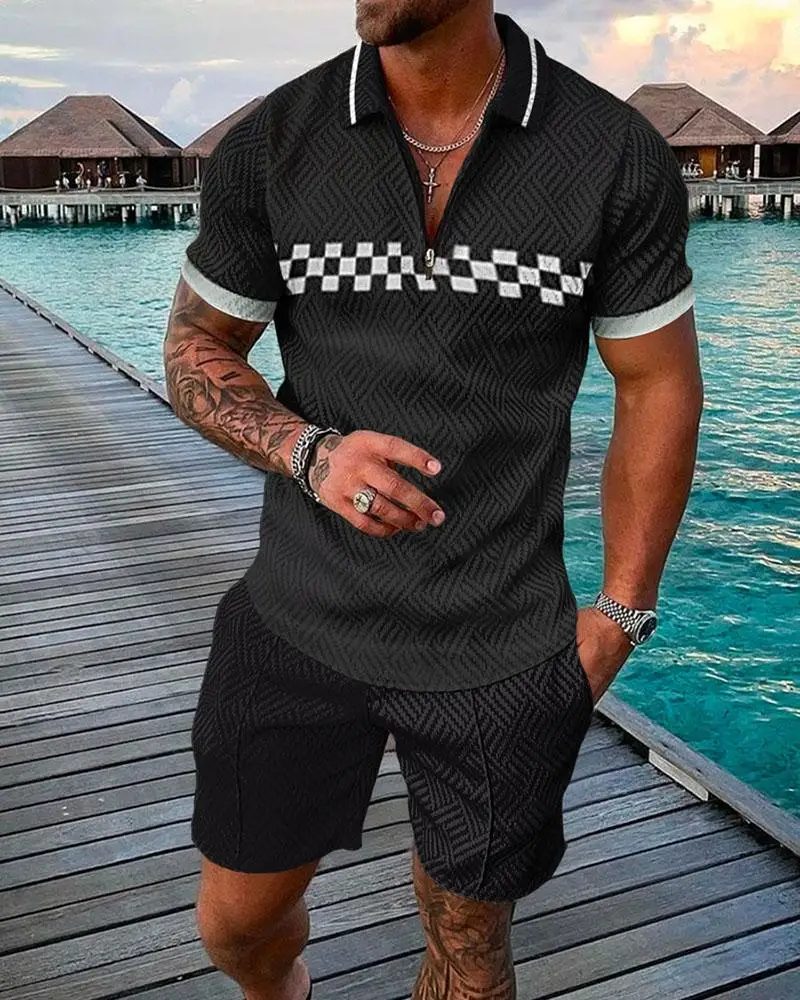 T-Shirt 2 Piece Summer New Men's Cotton Short Sleeve Shorts Men's Sportswear Casual Zipper Polo Shirt Set Solid Color Plaid
T-Shirt 2 Piece Summer New Men's Cotton Short Sleeve Shorts Men's Sportswear Casual Zipper Polo Shirt Set Solid Color Plaid