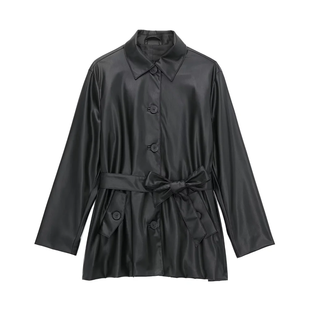 PB&ZA 2022 Autumn New Women's Black Lapel Long-sleeved Single-breasted Belted Faux Leather Loose Shirt Coat 5071223
PB&ZA 2022 Autumn New Women's Black Lapel Long-sleeved Single-breasted Belted Faux Leather Loose Shirt Coat 5071223