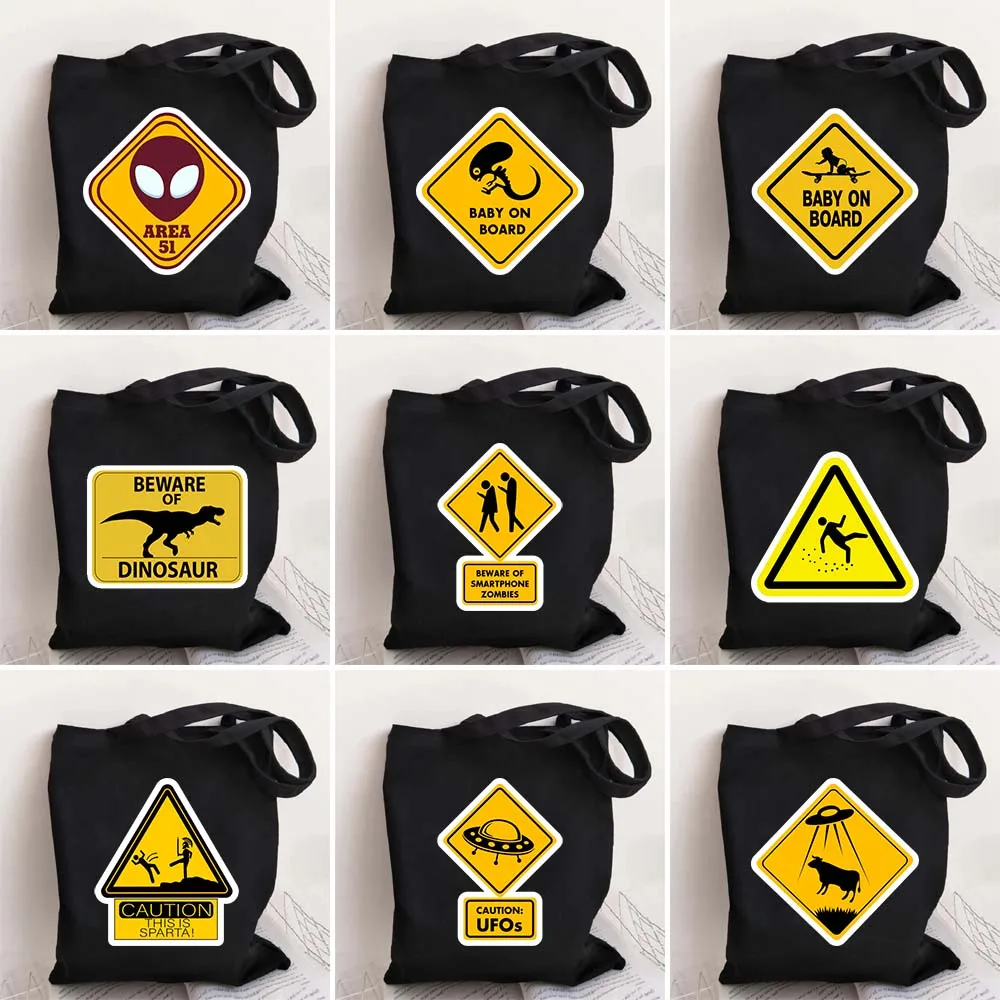 

Adventure Zone Road Sign Area 51 Dinosaur Zombies Caution Tote Bags for Women Canvas Shoulder Bag Large Reusable Handbags