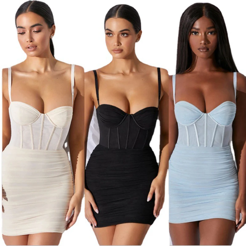 Fashion Mesh Spaghetti Strap Mini Summer Dress Women 2022 Party Night Club Gown Sexy Pleated Lace Slim Bandage Bodycon Dresses 
Fashion Mesh Spaghetti Strap Mini Summer Dress Women 2022 Party Night Club Gown Sexy Pleated Lace Slim Bandage Bodycon Dresses