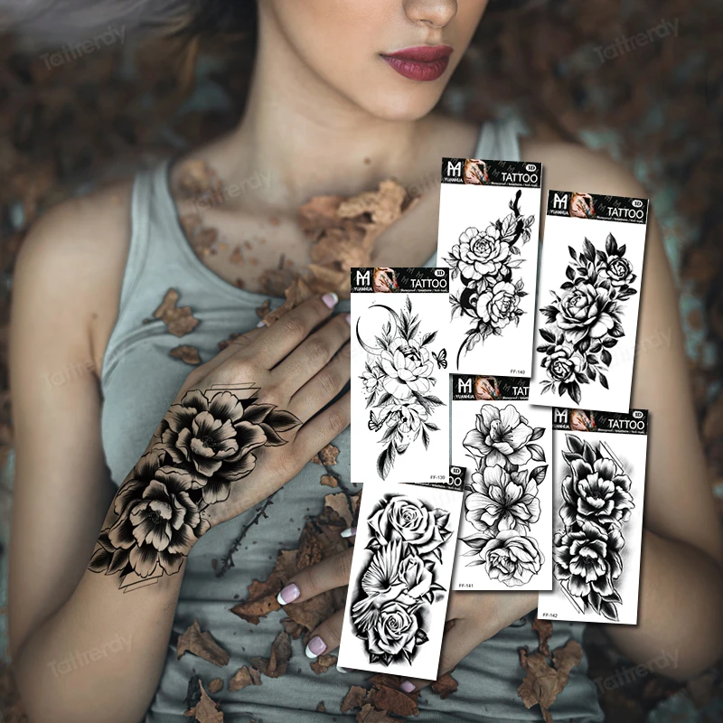 

15 шт./компл., черная Роза, водостойкие Временные татуировки для женщин и девочек, переводные наклейки на руку, талию, цветок, боди-арт, Временн...