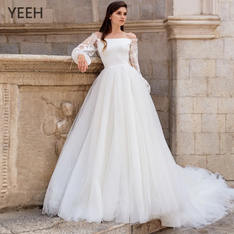 YEEH Boat Neck Long Sleeve Wedding Dresses For Women Lace Floral Print Illusion Bridal Gowns A-Line Sweep Train Vestido De Novia
YEEH Boat Neck Long Sleeve Wedding Dresses For Women Lace Floral Print Illusion Bridal Gowns A-Line Sweep Train Vestido De Novia