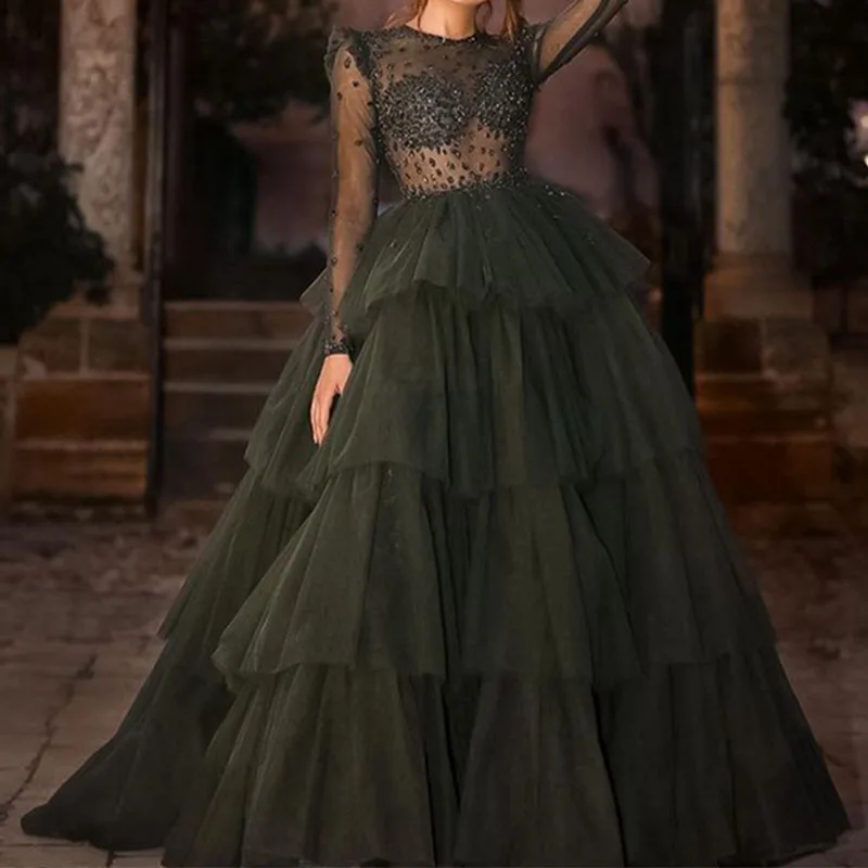 Luxurious Black Crystal Beaded Evening Dress Sequined Tulle Long Sleeve Prom Dress Lace Layered Ruffle Party Dress Vestido De Ga
Luxurious Black Crystal Beaded Evening Dress Sequined Tulle Long Sleeve Prom Dress Lace Layered Ruffle Party Dress Vestido De Ga