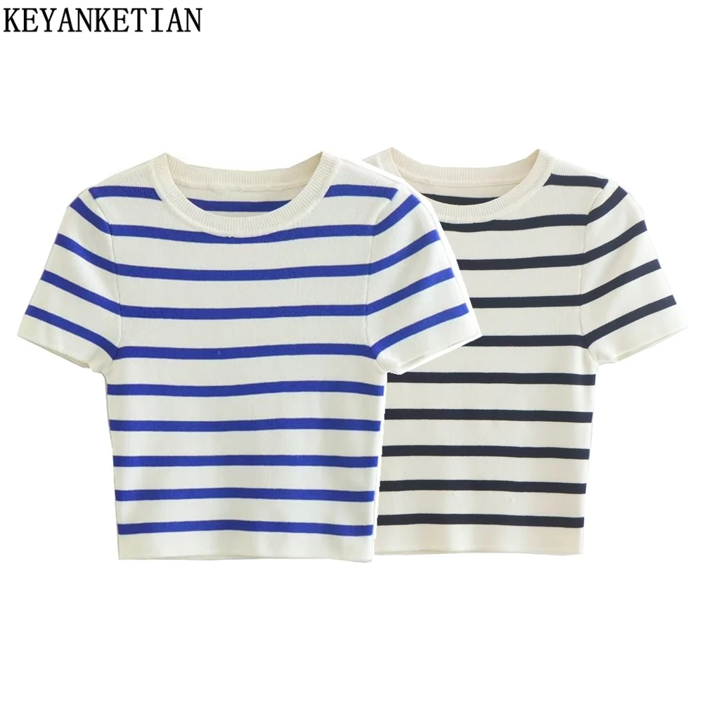 KEYANKETIAN women's round neck short-sleeved knitted striped shirt summer new British style tight short fashion pullover top
KEYANKETIAN women's round neck short-sleeved knitted striped shirt summer new British style tight short fashion pullover top