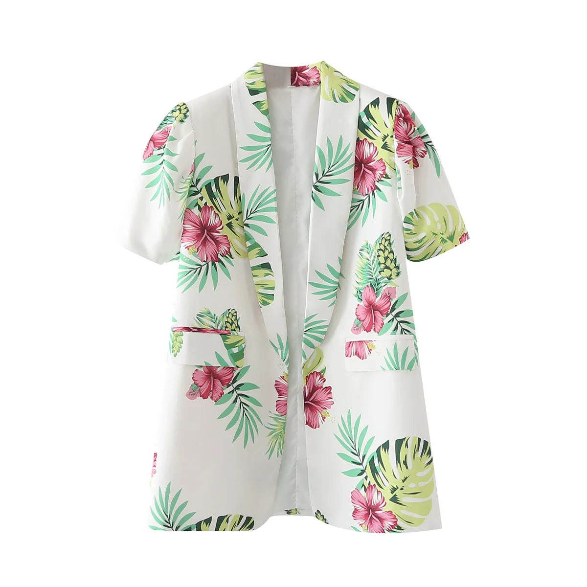 2022 spring women's new short sleeved printed lamb leg sleeved buttonless suit coat
2022 spring women's new short sleeved printed lamb leg sleeved buttonless suit coat