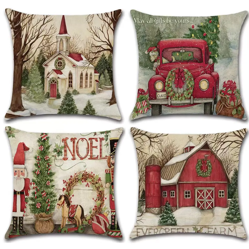 

Christmas Decorations Cushion Covers Elk Tree Linen Red Car Merry Xmas Couch Throw Pillow Case Dcecor for Home Sofa Church Gifts