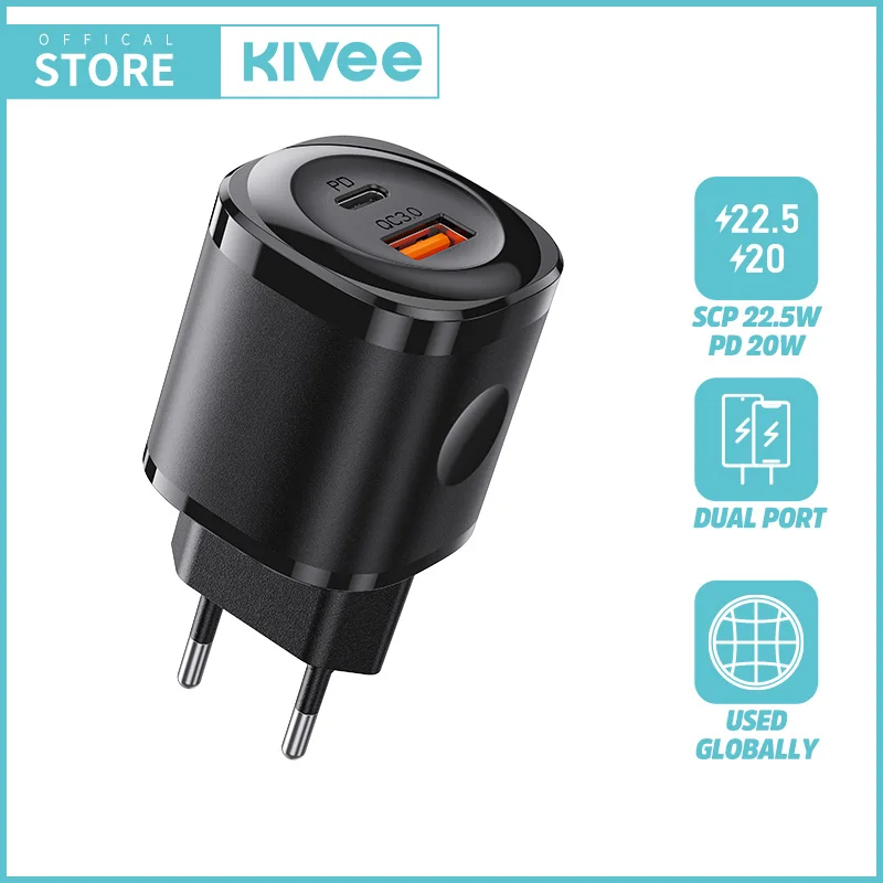 

KIVEE USB Type C Fast Charger QC 3.0 SCP 22.5W PD 20W Dual Port Mini Portable Travel Adapter For IPhone 14 13 12 11 IPad Xiaomi