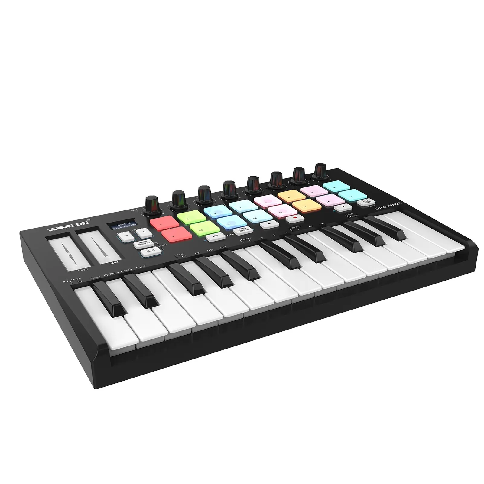(NEW BRAND) Wereldje Orca Mini25 Draagbare 25-Key Usb Midi Keyboard Controller Met 16 Rgb Backlit Trigger Pads 8 Toewijsbare Con
(NEW BRAND) Wereldje Orca Mini25 Draagbare 25-Key Usb Midi Keyboard Controller Met 16 Rgb Backlit Trigger Pads 8 Toewijsbare Con