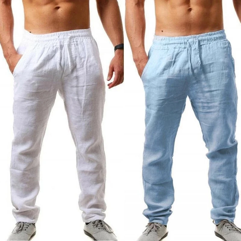 Мужские брюки из хлопка и льна осенние дышащие однотонные льняные для фитнеса