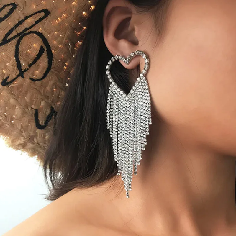 

Fashionable Love Heart Tassel Earrings Rhinestone Jewelry for Women Bling AB Color Crystal Dangle Earrings Statement A Pair